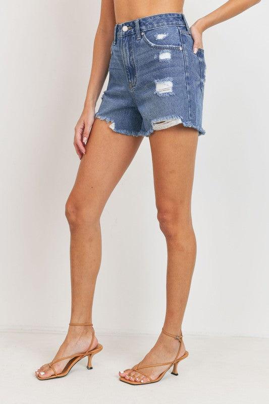 HIGH RISE DISTRESSED TOMGIRL JEAN SHORTS - Lucianne Boutique