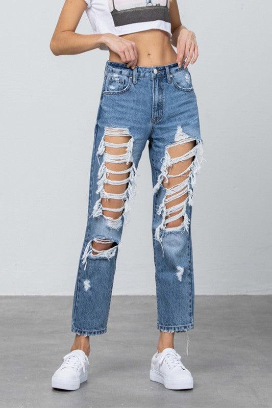 High Rise Heavy Destroyed Mom Jeans - Lucianne Boutique