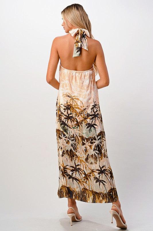 100 Silk Halter maxi dress with palm tree printed - Lucianne Boutique