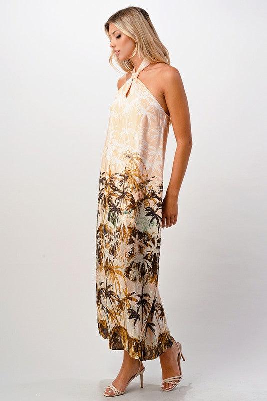 100 Silk Halter maxi dress with palm tree printed - Lucianne Boutique