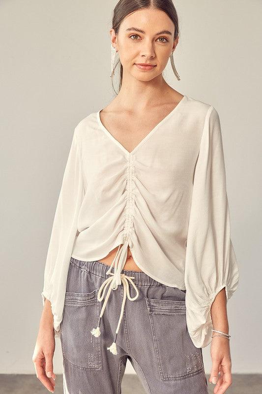 FRONT TIE SHIRRING TOP - Lucianne Boutique