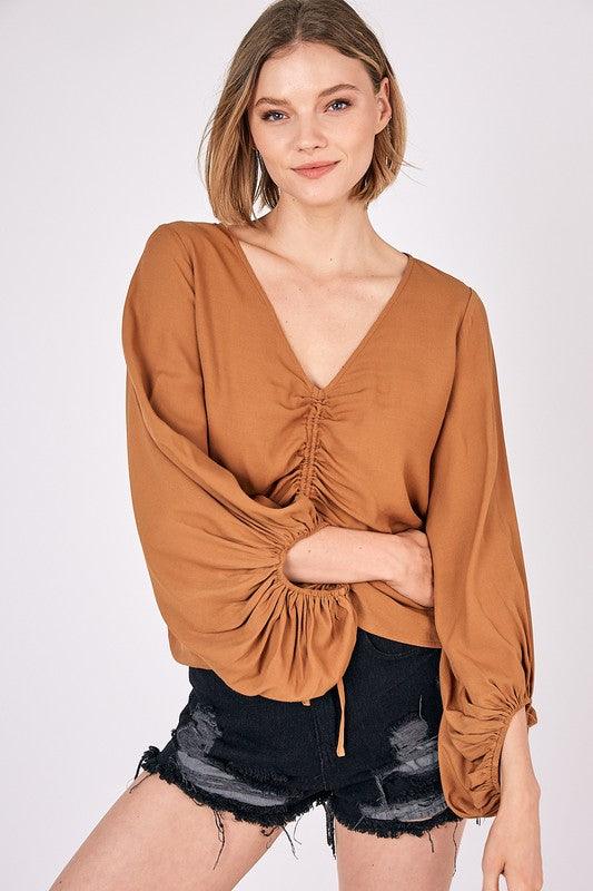 FRONT TIE SHIRRING TOP - Lucianne Boutique