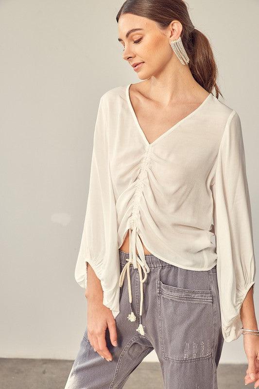 FRONT TIE SHIRRING TOP - Lucianne Boutique