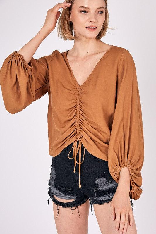 FRONT TIE SHIRRING TOP - Lucianne Boutique