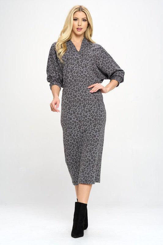 Leopard Print Knit Dolman Sleeve Midi Dress - Lucianne Boutique