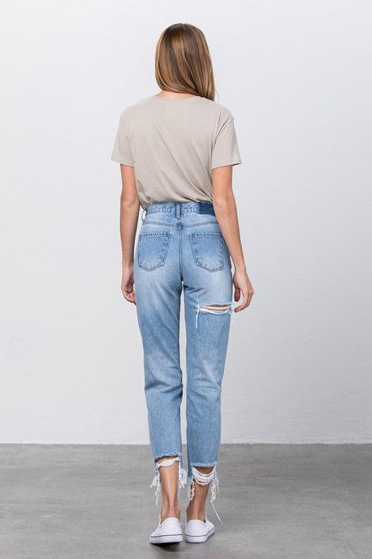 High Waist Ripped Frayed Hem Tapered Jeans - Lucianne Boutique