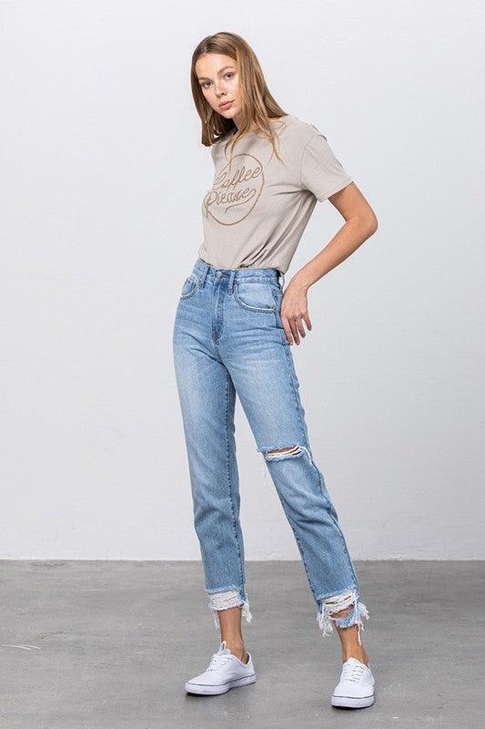 High Waist Ripped Frayed Hem Tapered Jeans - Lucianne Boutique