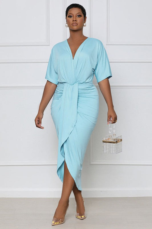 WRAP STYLE DEEP V-NECK MAXI DRESS