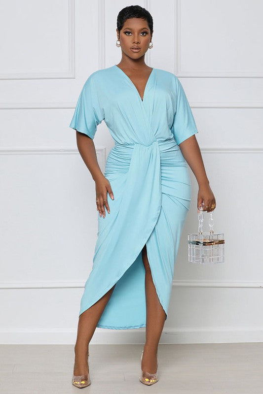 WRAP STYLE DEEP V-NECK MAXI DRESS