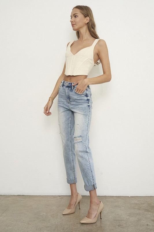 High Rise Ripped Girlfriend Jeans - Lucianne Boutique