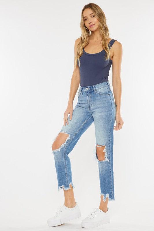 HIGH RISE CHEWED UP MOM JEAN-KC7180M-OP - Lucianne Boutique