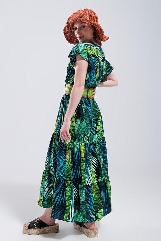 SHORT SLEEVE TIERED MIDI DRESS IN TROPICAL PRINT