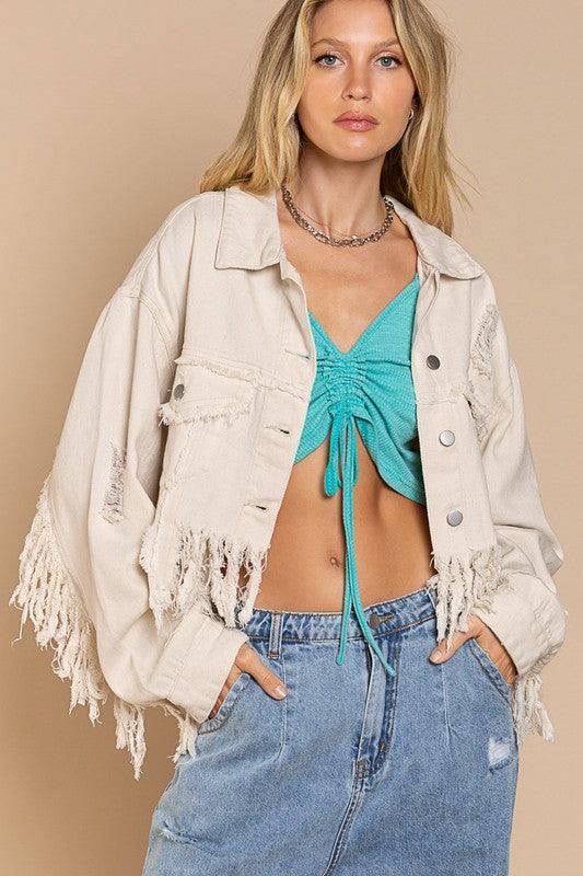 Plus Fringe-Detailed Cropped Denim Jacket - Lucianne Boutique