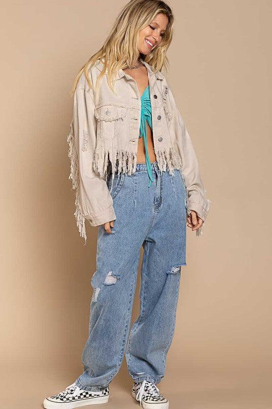 Plus Fringe-Detailed Cropped Denim Jacket - Lucianne Boutique