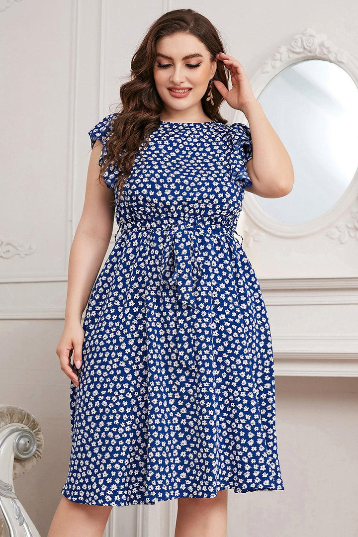 Plus Size Round Neck Tie Waist Dress - Lucianne Boutique