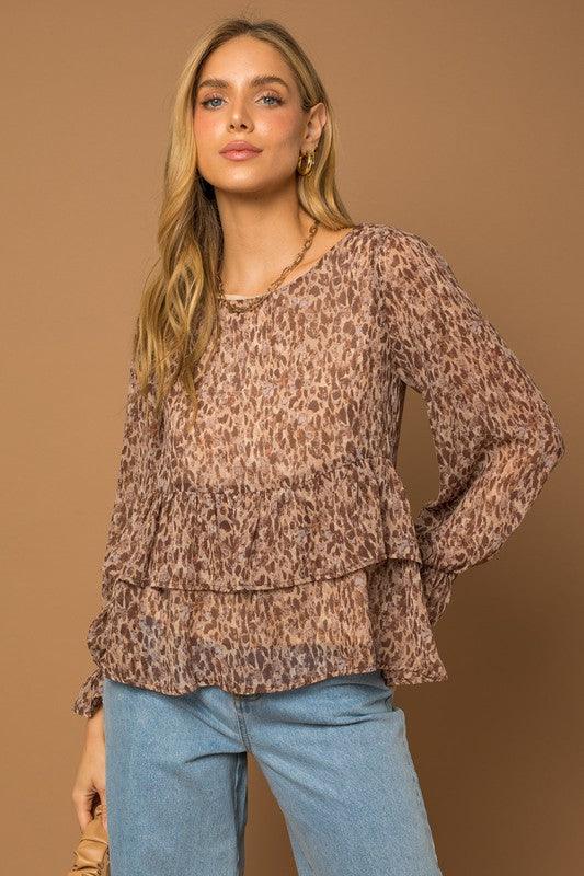 L/S Ruffle Layered Abstract Print Top - Lucianne Boutique