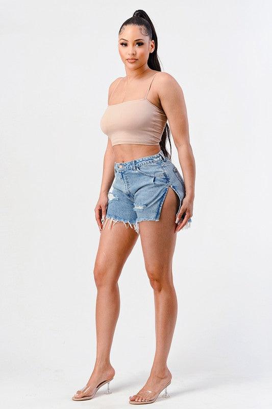 Side slid denim shorts - Lucianne Boutique