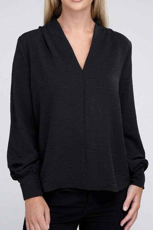 Woven Airflow V-Neck Long Sleeve Top - Lucianne Boutique