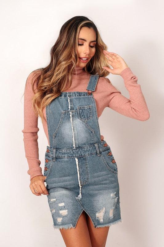 FRAYED DETAILED DISTRESSED SHORT OVERALL SKIRT - Lucianne Boutique