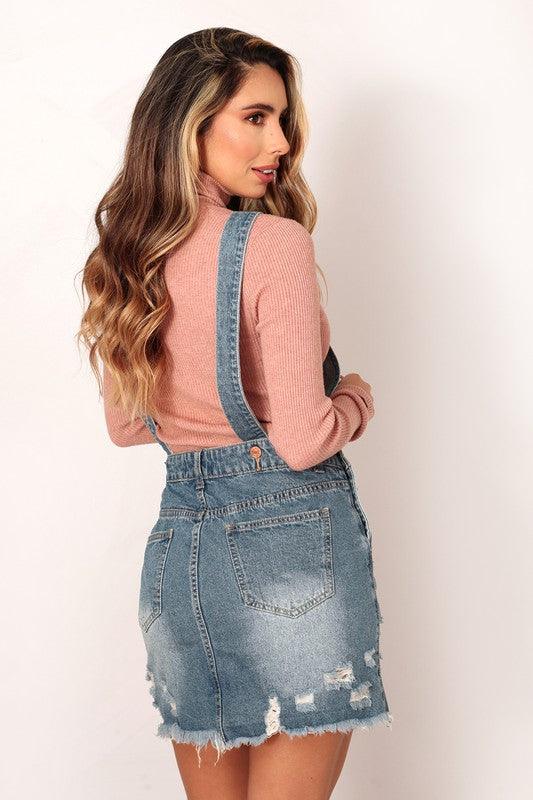 FRAYED DETAILED DISTRESSED SHORT OVERALL SKIRT - Lucianne Boutique