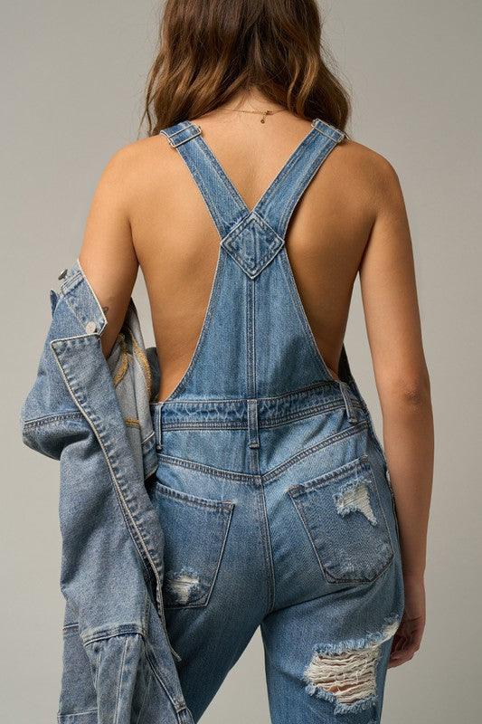 High Waist Heavy Distressed Straight Overalls - Lucianne Boutique