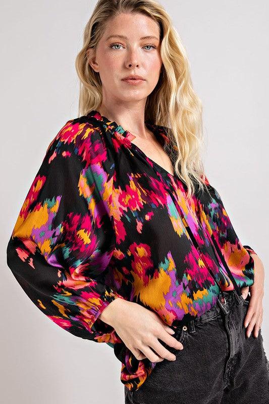 V-NECK TIE FRONT BLOUSE TOP - Lucianne Boutique