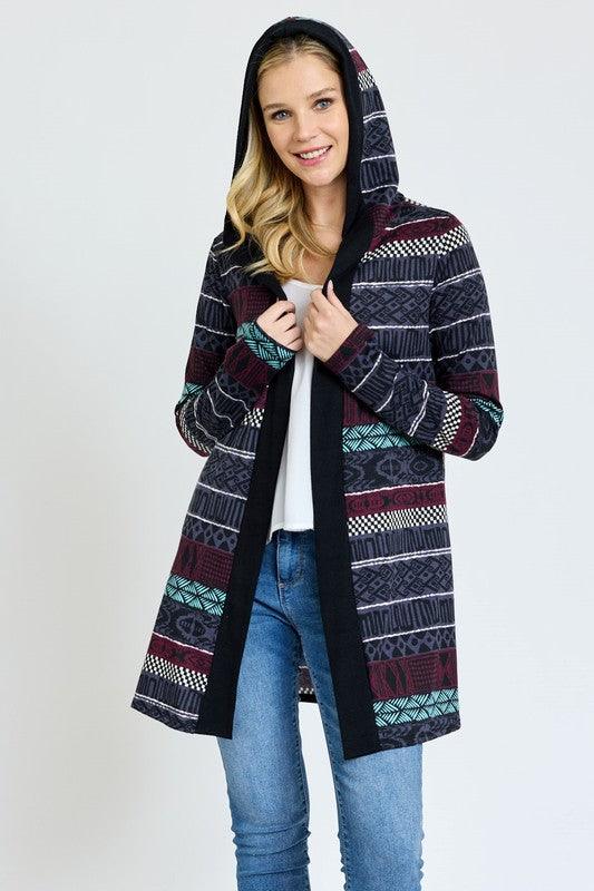 Plus Long Tribal Print Hooded Cardigan - Lucianne Boutique