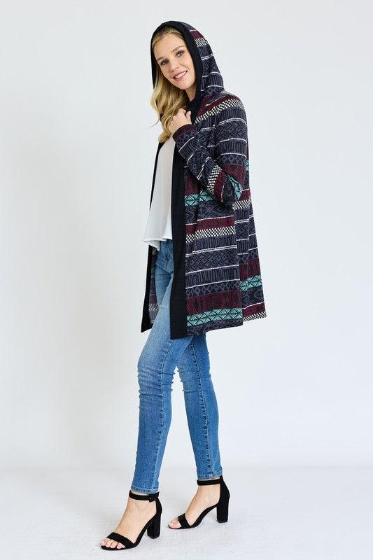 Plus Long Tribal Print Hooded Cardigan - Lucianne Boutique