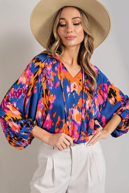 V-NECK TIE FRONT BLOUSE TOP - Lucianne Boutique