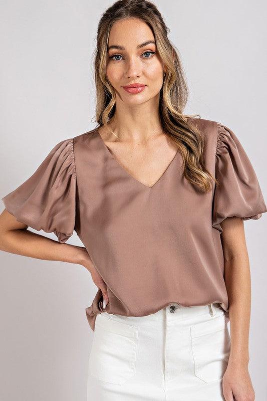 V-NECK PUFF SLEEVE BLOUSE TOP - Lucianne Boutique