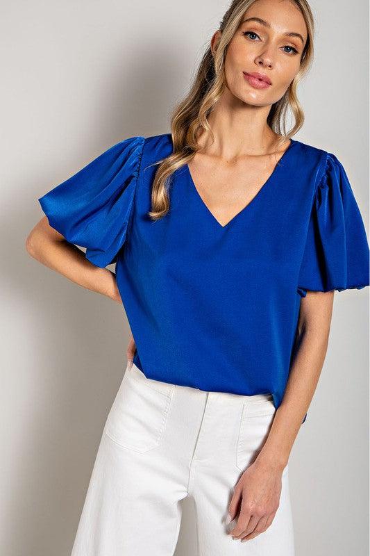 V-NECK PUFF SLEEVE BLOUSE TOP - Lucianne Boutique