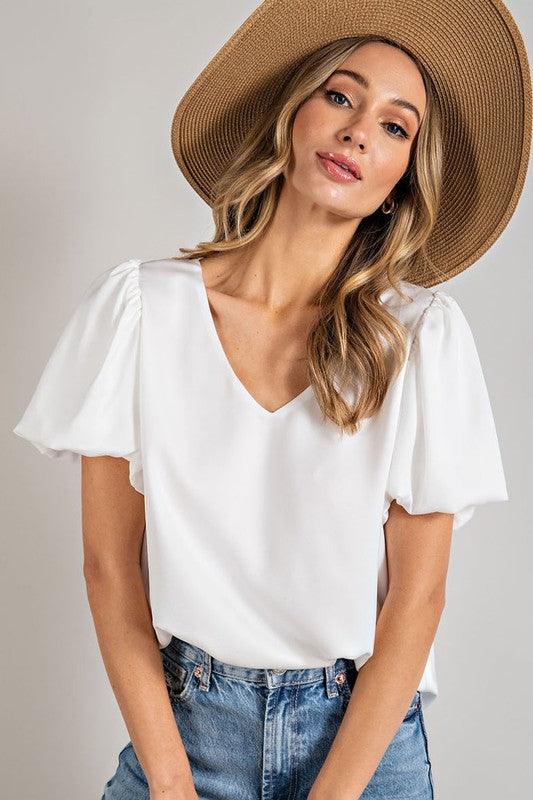 V-NECK PUFF SLEEVE BLOUSE TOP - Lucianne Boutique