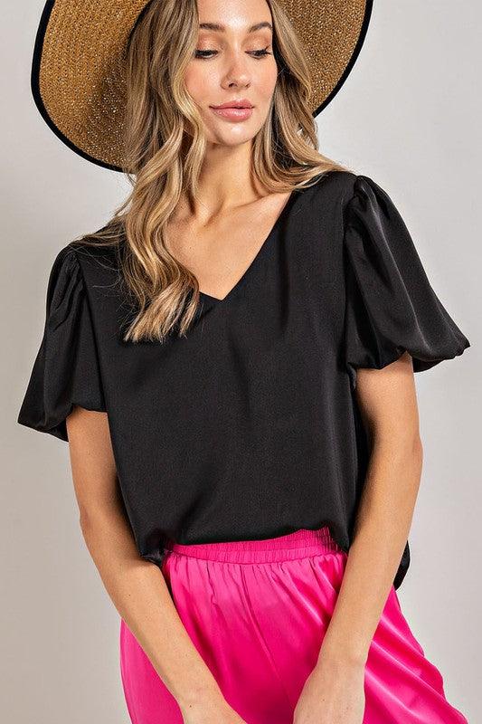 V-NECK PUFF SLEEVE BLOUSE TOP - Lucianne Boutique