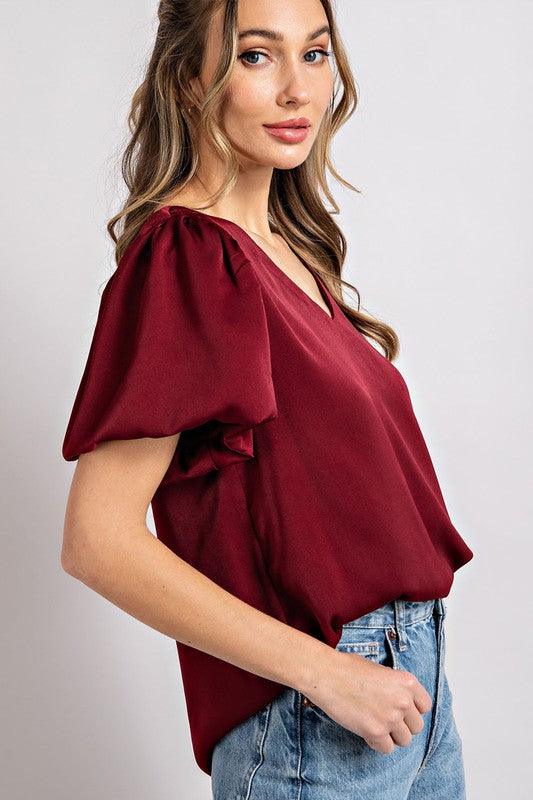 V-NECK PUFF SLEEVE BLOUSE TOP - Lucianne Boutique