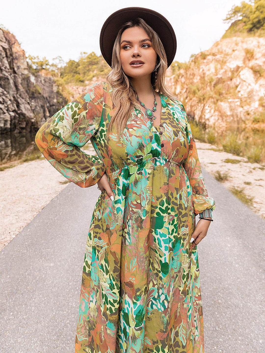 Plus Size Floral V-Neck Long Sleeve Dress - Lucianne Boutique