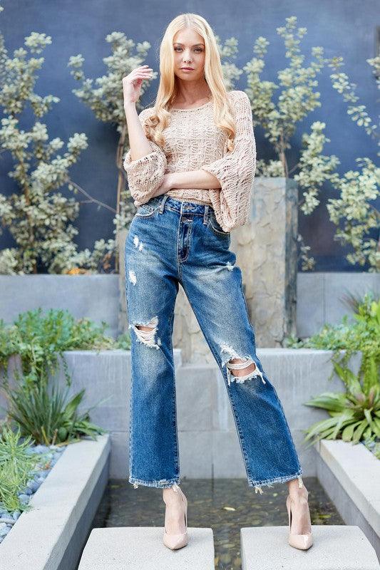 HIGH RISE DISTRESSED DAD JEANS - Lucianne Boutique