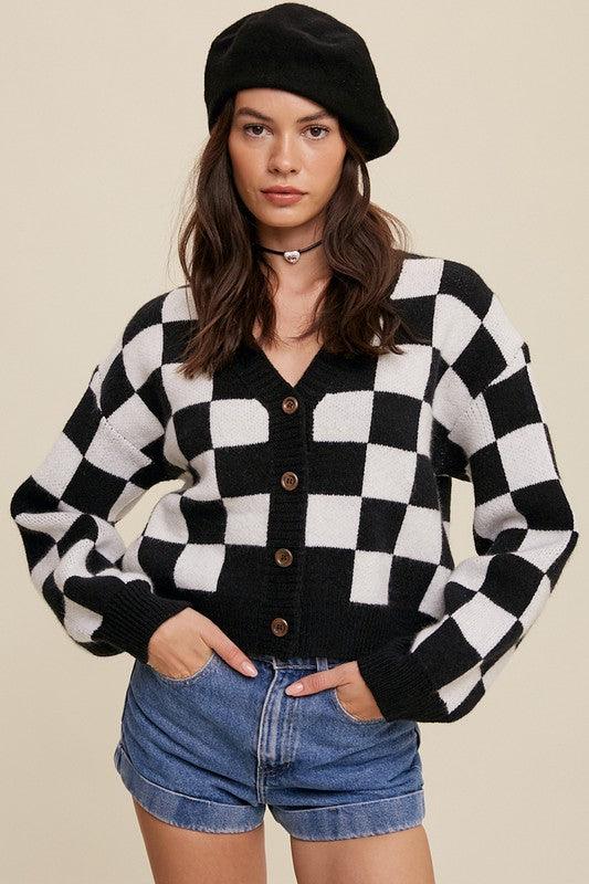 Bold Gingham Sweater Weaved Crop Cardigan - Lucianne Boutique