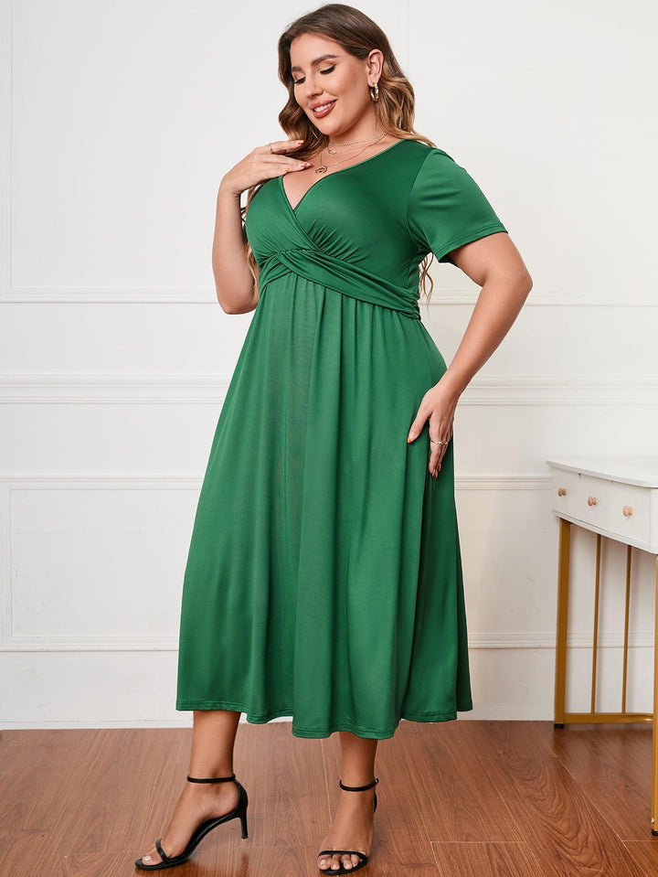 Plus Size Short Sleeve Surplice Neck Midi Dress - Lucianne Boutique