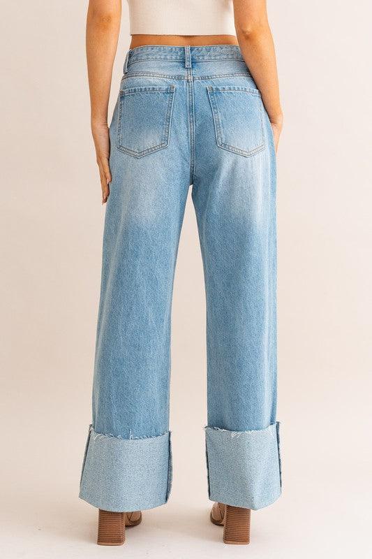 High-Waisted Wide Leg Cuffed Jeans - Lucianne Boutique