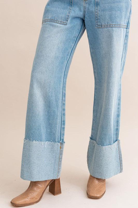 High-Waisted Wide Leg Cuffed Jeans - Lucianne Boutique