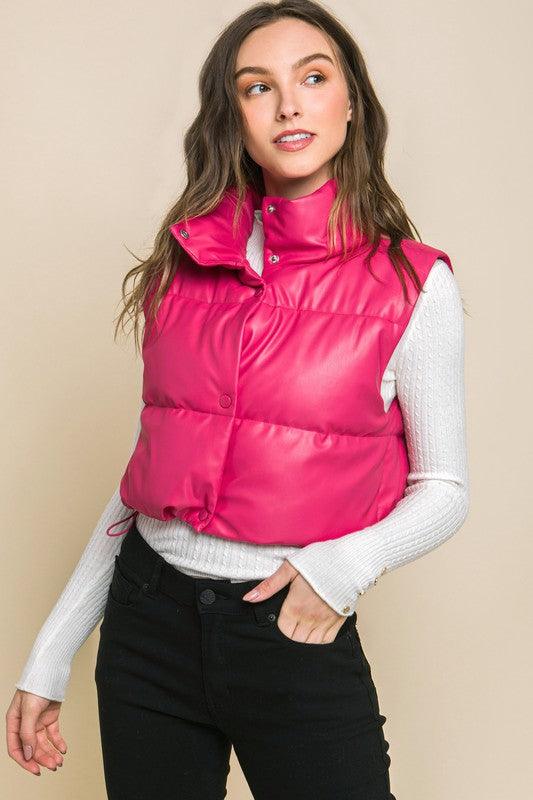 PU Faux Leather puffer West With Snap Button - Lucianne Boutique