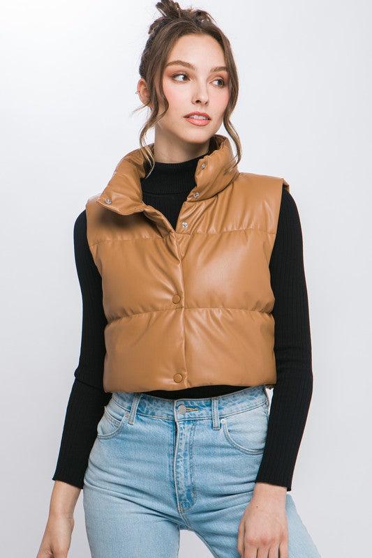 PU Faux Leather puffer West With Snap Button - Lucianne Boutique