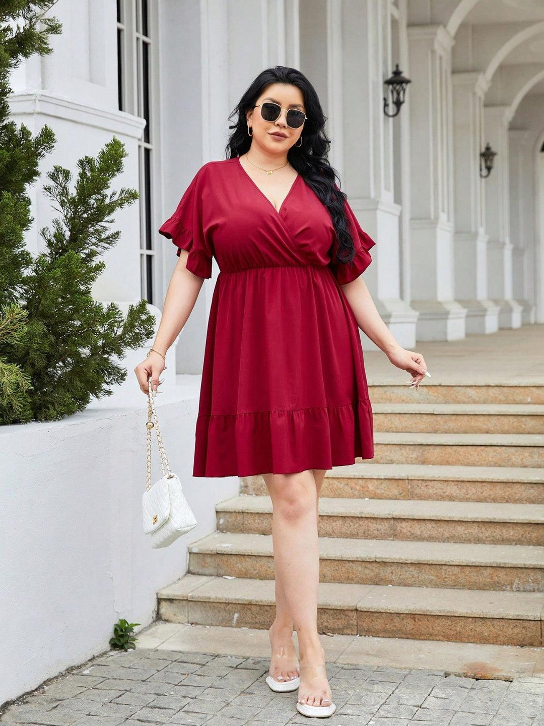 Plus Size Ruched Surplice Flounce Sleeve Mini Dress - Lucianne Boutique