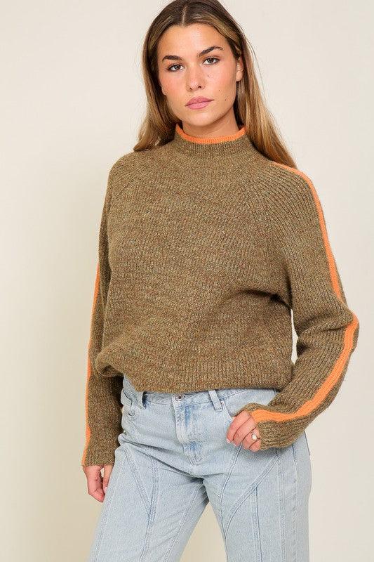 Marled Brown Raglan Sleeve Funnel Neck Sweater - Lucianne Boutique