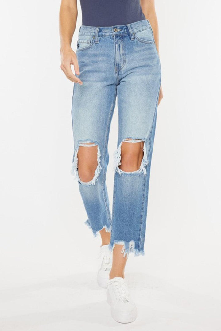 Kancan High Waist Chewed Up Straight Mom Jeans - Lucianne Boutique