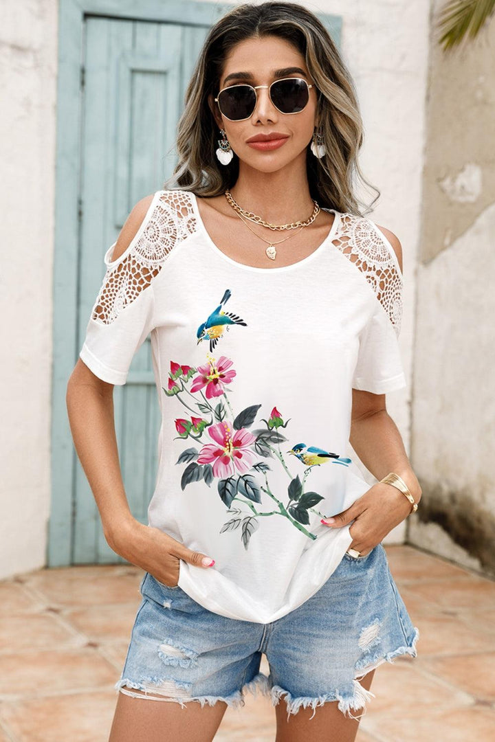 Lace Detail Round Neck Cold Shoulder Blouse - Lucianne Boutique