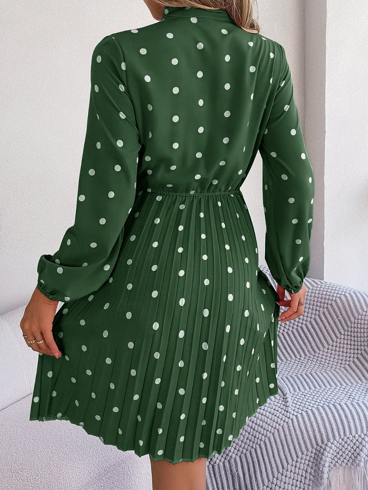 Polka Dot Tie Neck Pleated Dress