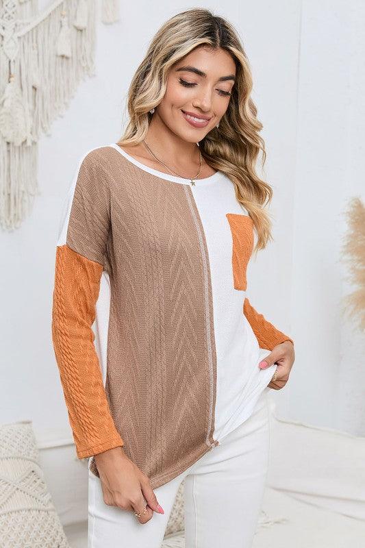 Cable knit color block round neck sweater - Lucianne Boutique