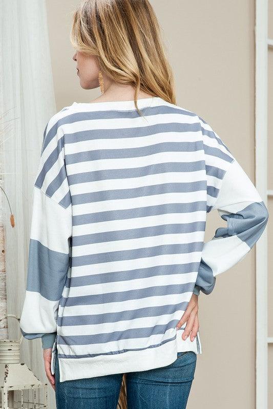 Striped Casual Drop Shoulder Pullover Sweatshirt - Lucianne Boutique
