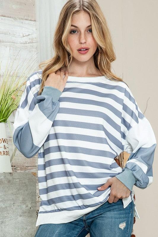 Striped Casual Drop Shoulder Pullover Sweatshirt - Lucianne Boutique